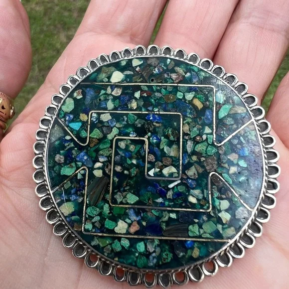 Vintage Sterling Silver Taxco Mexico Turquoise & Lapis Inlay Brooch Pendant - Picture 3 of 17